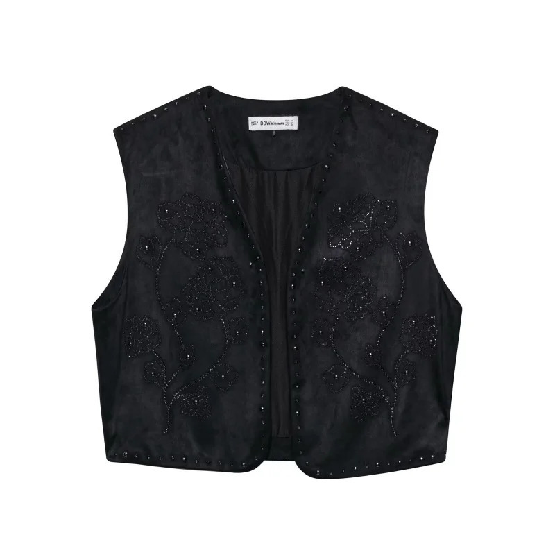 Women Fashion Black Shiny Beads Waistcoat Open Stitch Sleeveless Armholes Cropped Vest Coat High Street Female Tops 250506