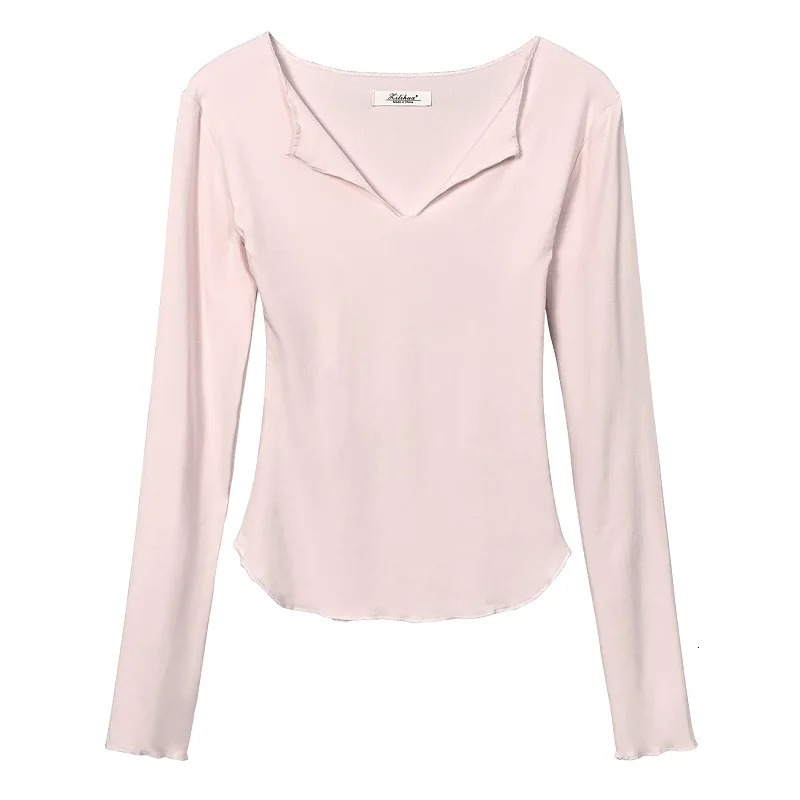 Sexy Deep VNeck T Shirt Women Basic Solid Slim Cotton Tees Long Sleeve Casual Female Tshirt Elastic Korean Tops 250513
