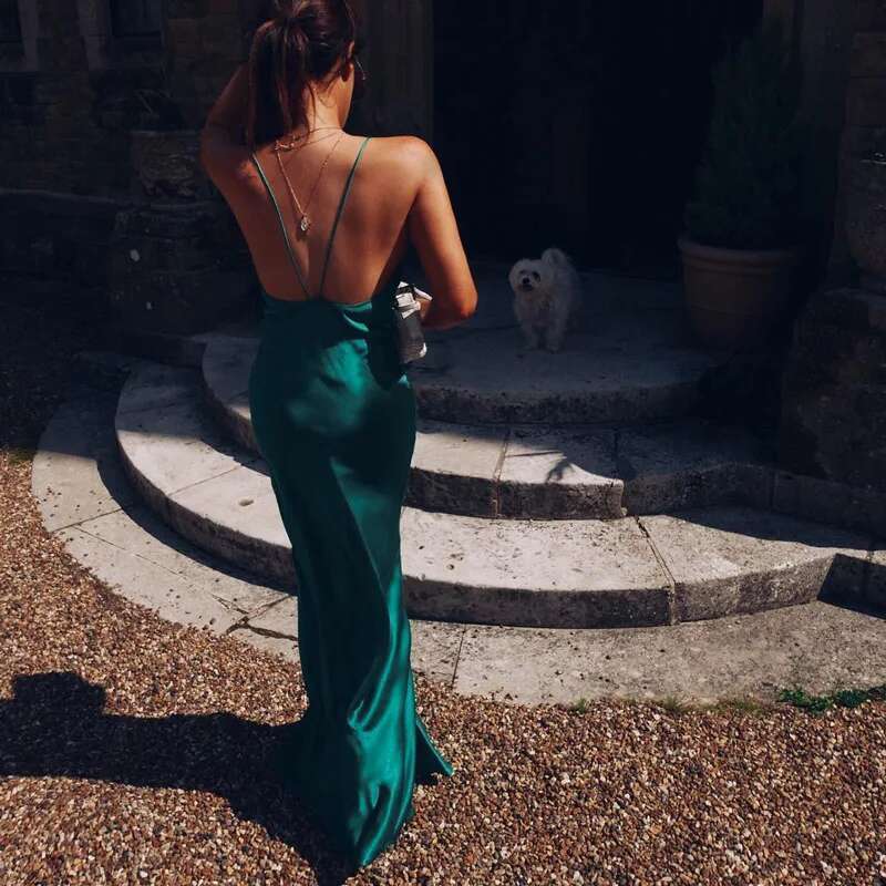 BKLD Elegant Women Maxi Long Satin Evening Party Night Club 2020 Summer Womens Sexy V-neck Spaghetti Strap Open Back Dress