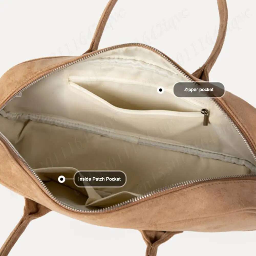 Women Boston Tote Suede Shoulder Bag Zipper Bowling Handbag Solid Color Multi-Pocket Clutch Purse For Shopping Travel