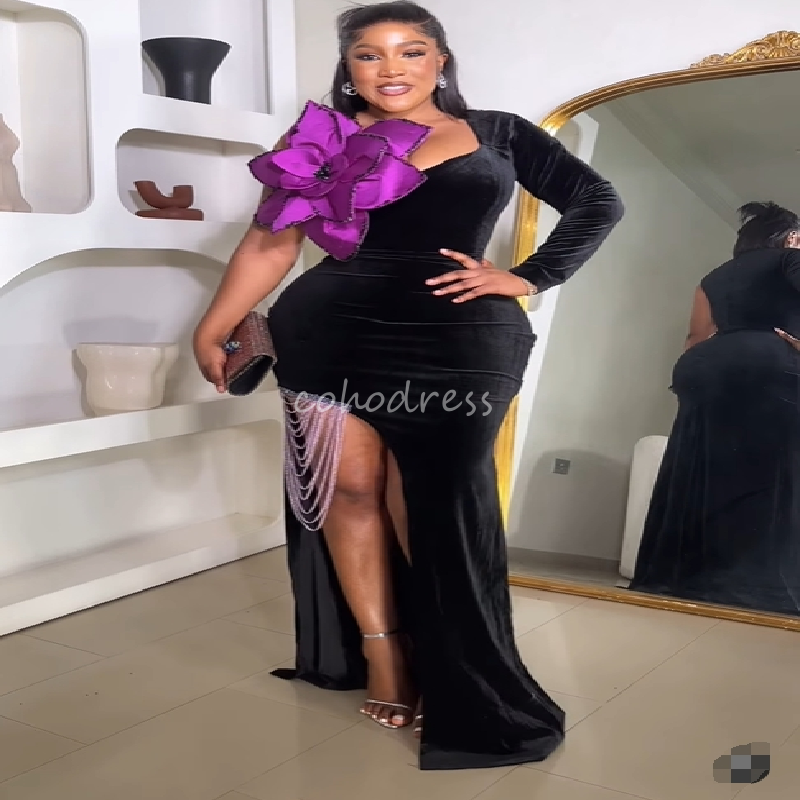 Delicate Aso Ebie Black Prom Dress With Slit Beaded Mermaid Plus Size African Evening Gown With Flower Birthday Party Bespoke Occasion Vestio De Noche