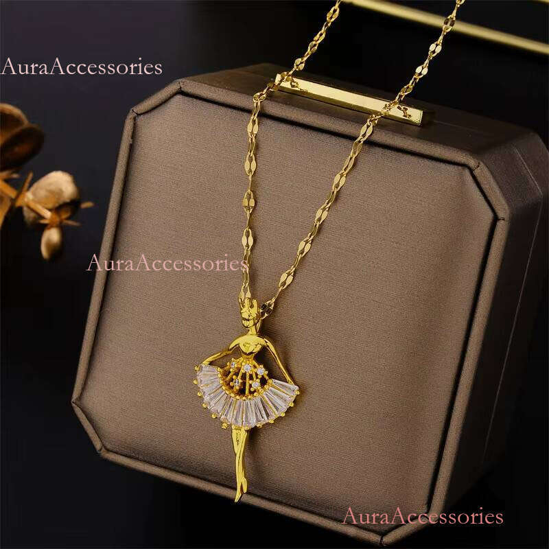 Hot Selling Gold Plated Zircon Dia Skirt Ballet Dancing Girl Pendant Necklace Jewellery for Girls Women