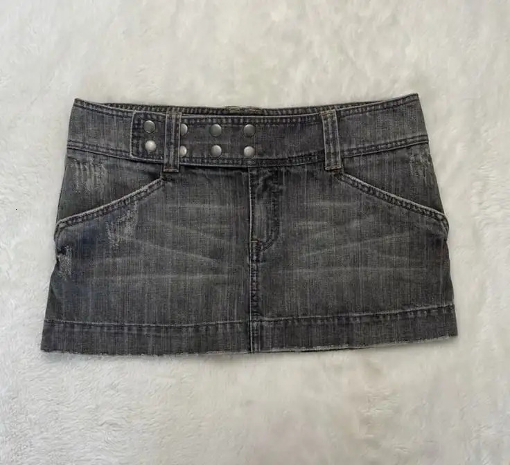 Y2K Adjustable Waist Mini Skirt Harajuku Girl Solid Color Retro Gray Denim Women Gothic Slim Hip Low Short 250513