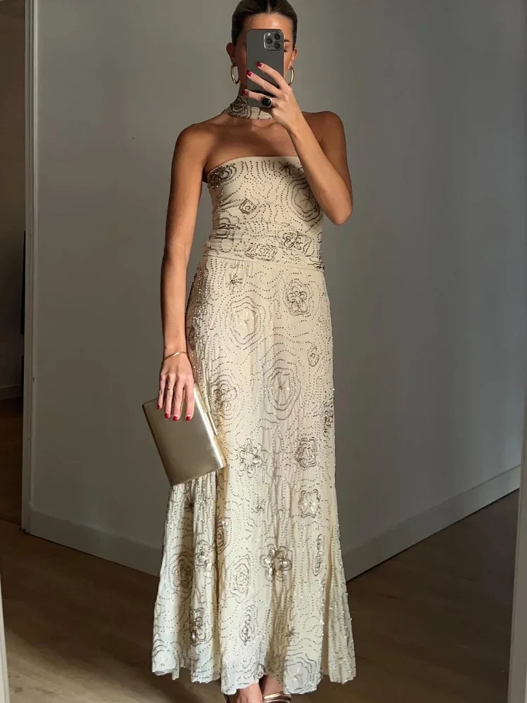 Elegant y Sequin Maxi Skirt Suits Women Chic Sleeveless Off Shoulder Scarf Backless Slim Vest Sets Lady Party Wear 250513