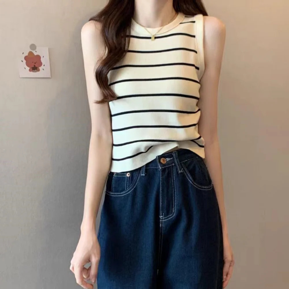 Matching Stripe Tanks Of Woman Chic Casual Sleeveless Tops Tees Korean Basic Ladys Knitted Vest Trend Sweaters Jumper 250513