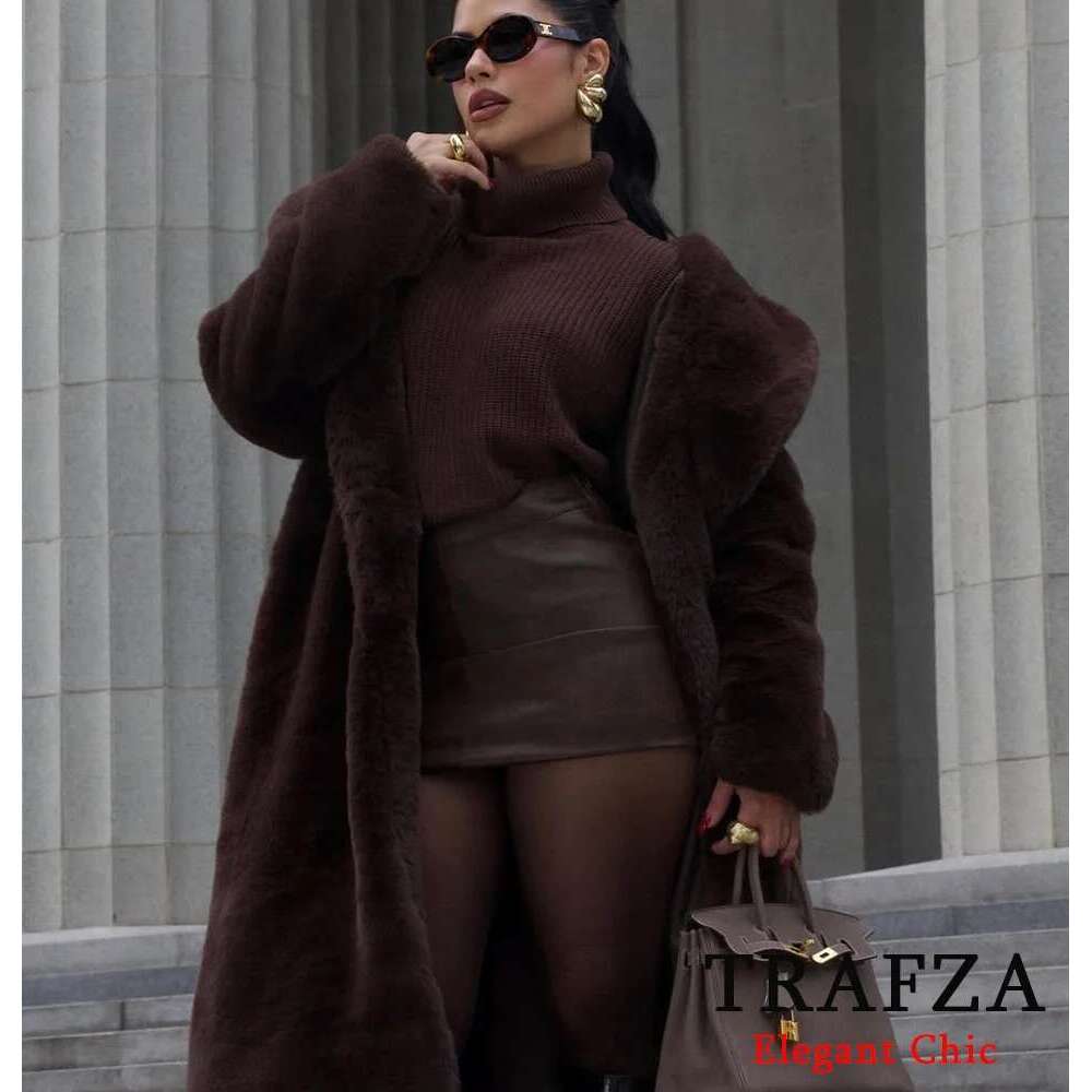 Women's Fall Winter Faux Fur Long TRAFZA Vintage Lapel Buttons Loose New 2025 Fashion Casual High Street Warm Coat Designer