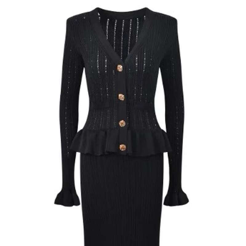 YuooMuoo Brand Fashion One-piece Knitted Maxi Women Elegant V-neck Ruffled Slim Waist Bodycon Sweater Dress Party Vestido