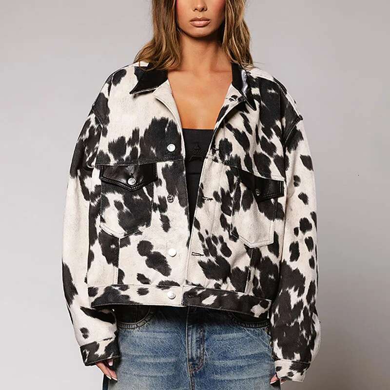 Women Overcoat 2025 New Fashion Denim Spring Autumn Temperament Printed Lapel Long Sleeve Women's Coat The Top H307