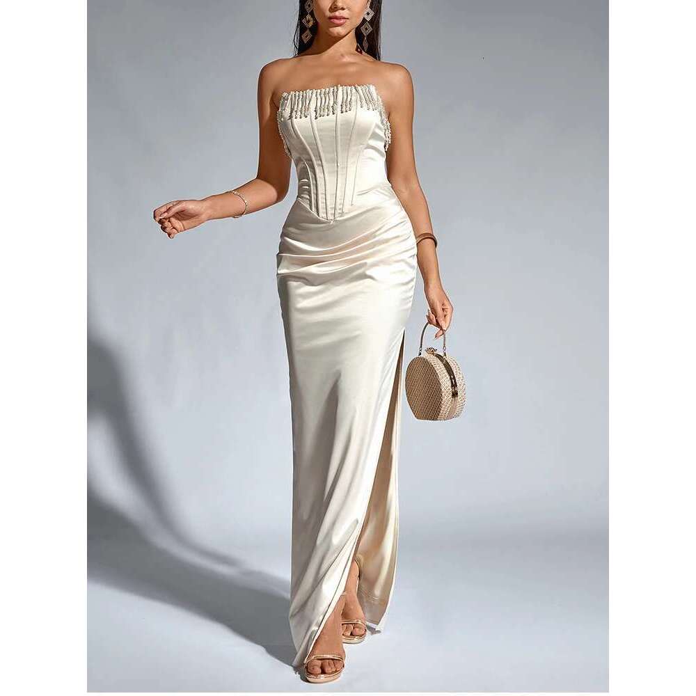NewAsia Women's Strapless Beaded Long Corset Dress Off Shoulder Fishboned Side Slit Elegant Party Club Maxi Dresses Beige