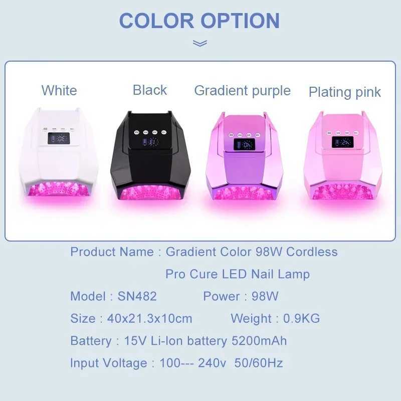 98W Rechargeable LED UV Lamp Cordless Battery Professional Nail Light with 4 Timers Fast Curing Nail Lamp for Salon and Home Use W250513