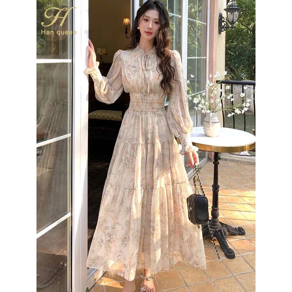 Long Sleeve Casual Beach Holiday Wrap Waist Spring Summer Women's Bohemian Chiffon Printed Dress