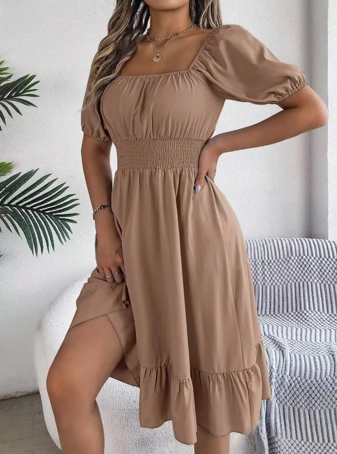 European and American spring summer casual square neck short sleeve gathering waist lotus leaf edge temperament dress 250513