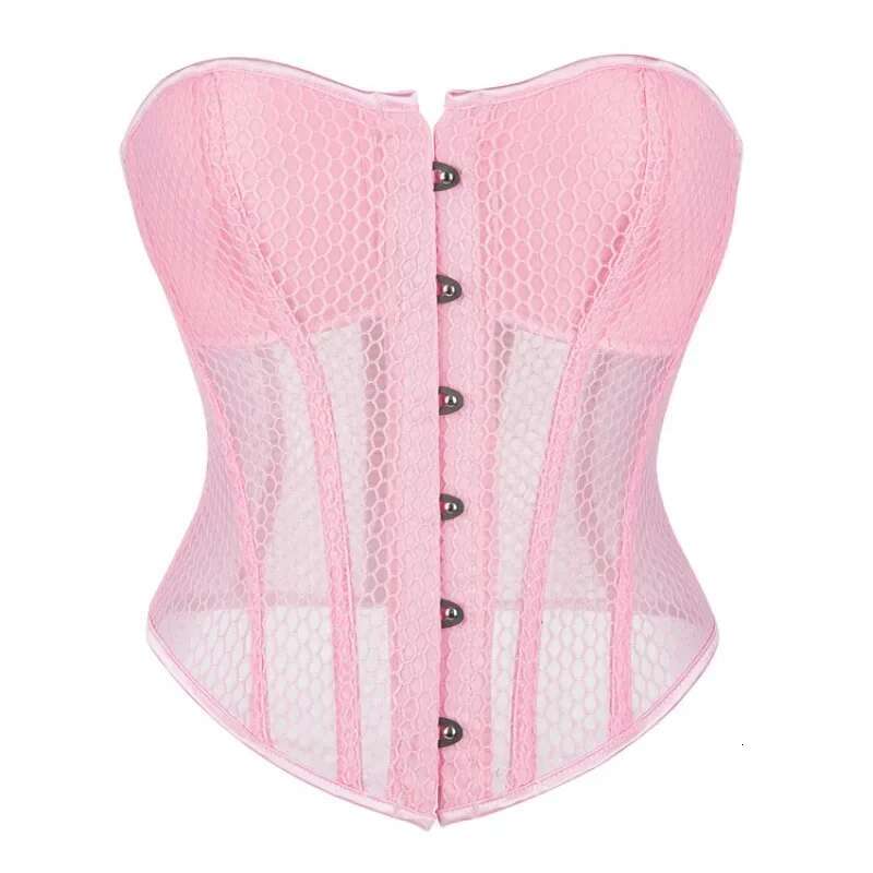 Women Lace Up Sexy Transparent Mesh Boned Corset Overbust Bustier Lingerie Bodyshaper Corsets Top