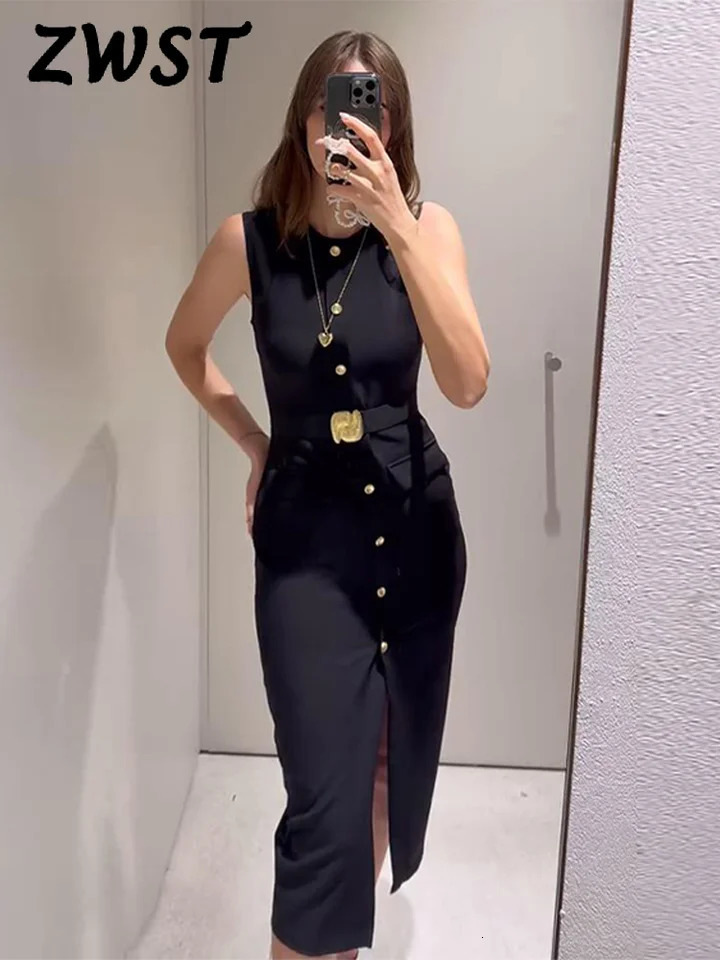 Black Elegant Long Dress With Belt Women Slim Single Breasted Front Split Sleeveless Female Dresses Summer Lady Vestido 250513