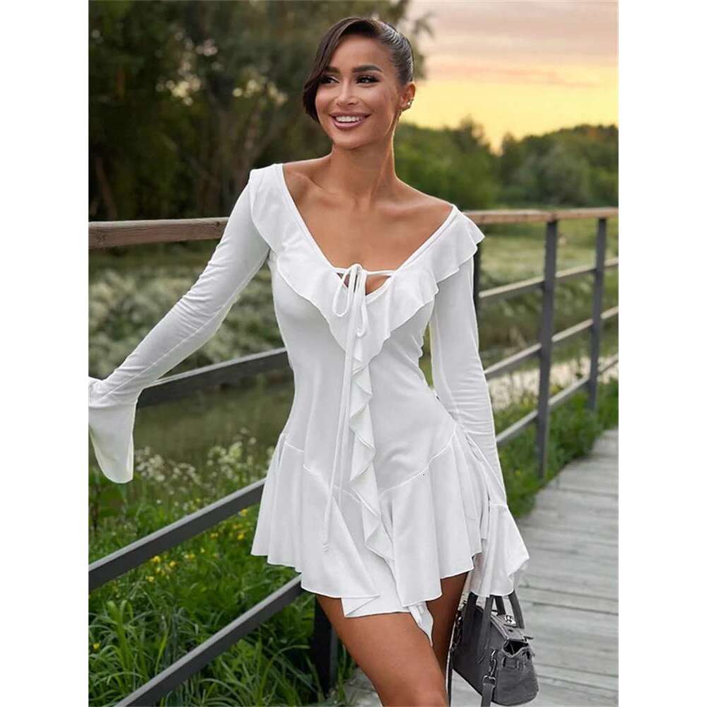 Ruffled Lace-Up White Mini Women's V-Neck Patchwork Long Sleeve Sexy Slim Bandage Elegant Female Summer Dress