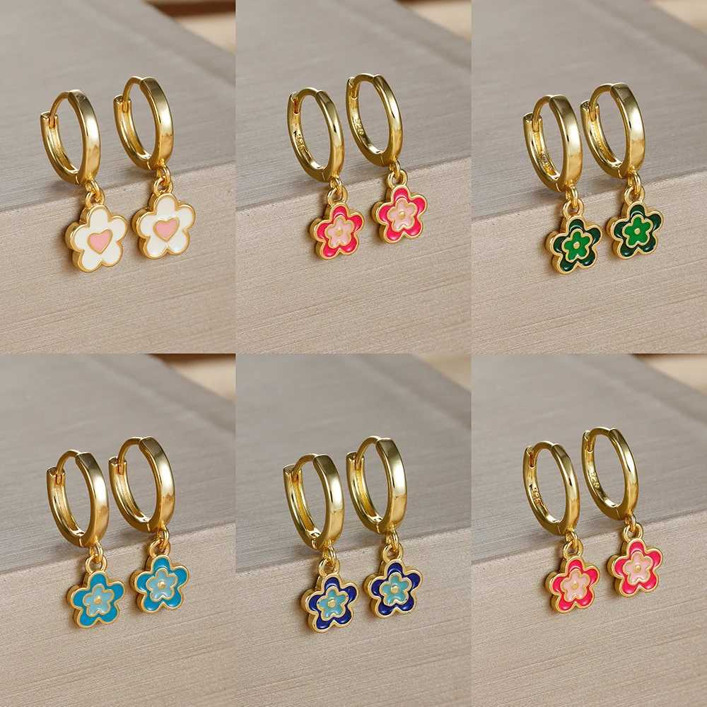 2PCS Stainless Steel Hoop Earrings for Women Girls Colorful Enamel Flowers Pendant Small Huggie Earring Piercing Jewelry Aretes Y250510
