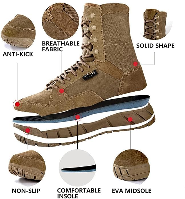 Men's 8 inch Tactical Boots Outdoor Casual Lightweight Coyote Military Boots for Hiking Work Combat