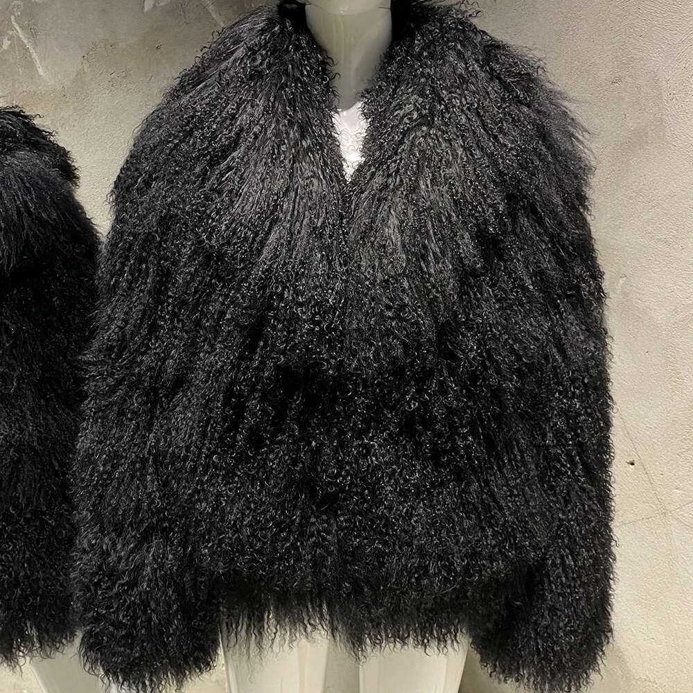 Yoloagain Women's Real Mongolia Dark Brown Sheep Fur Jacket Designer