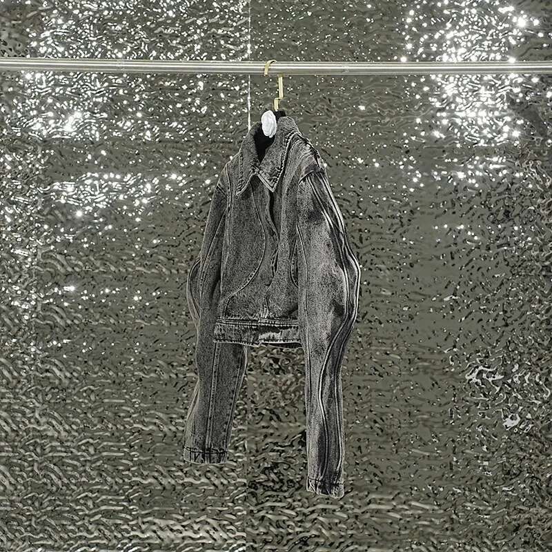 DEAT Fashion Trend Three-dimensional Line Denim Coats For Women High Street Lapel Long Sleeve Jacket Female Spring New 11P038