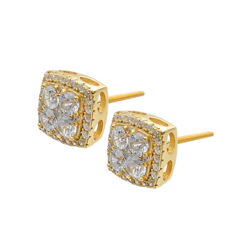 Fashion Wholesale Hip Hop Jewelry 14K Gold Plated Iced Out Cubic Zircon Brass Screw Back Stud Earrings for Men