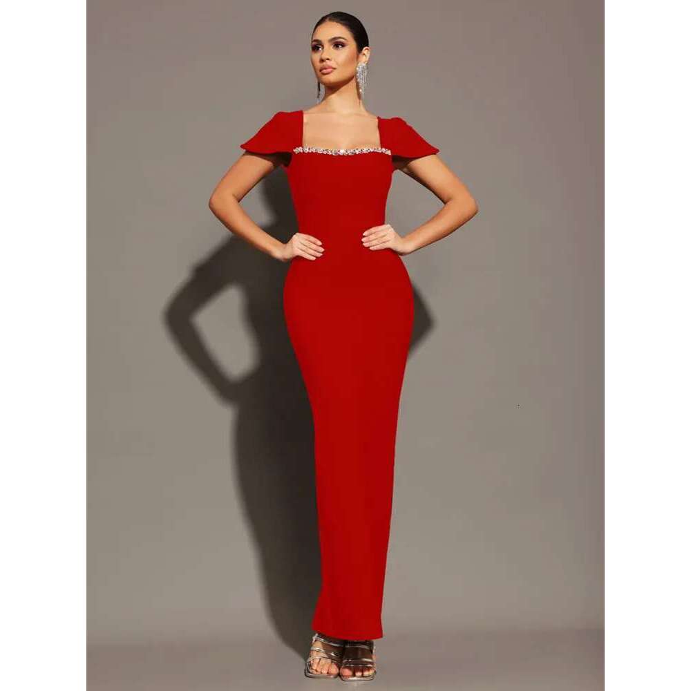 Women Celebrity Sexy Square Collar Black Red Blue Dias Maxi Long Bandage Dress 2025 Elegant Evening Club Party Outfit