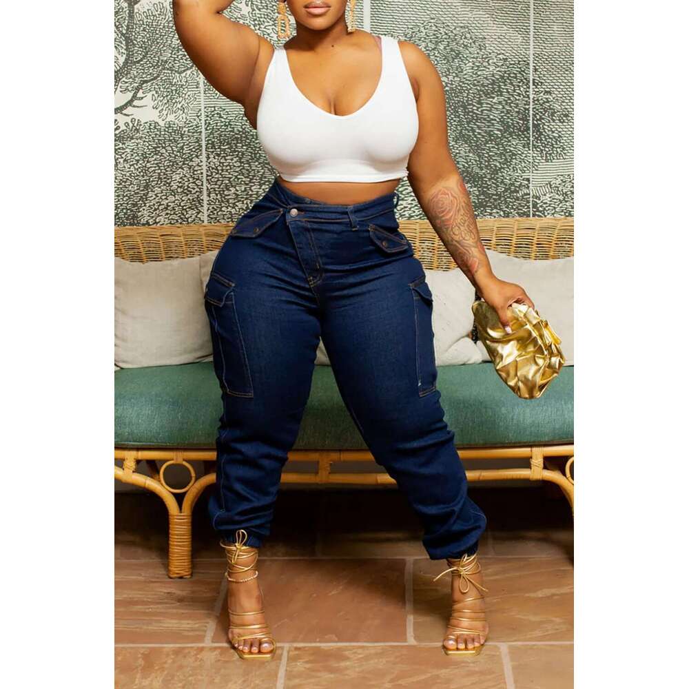 Plus Size Blue All Season Everyday High Waist Warm Skinny Women's Stretch Button Pencil Pants Mom Casual Pocket Work Jeans