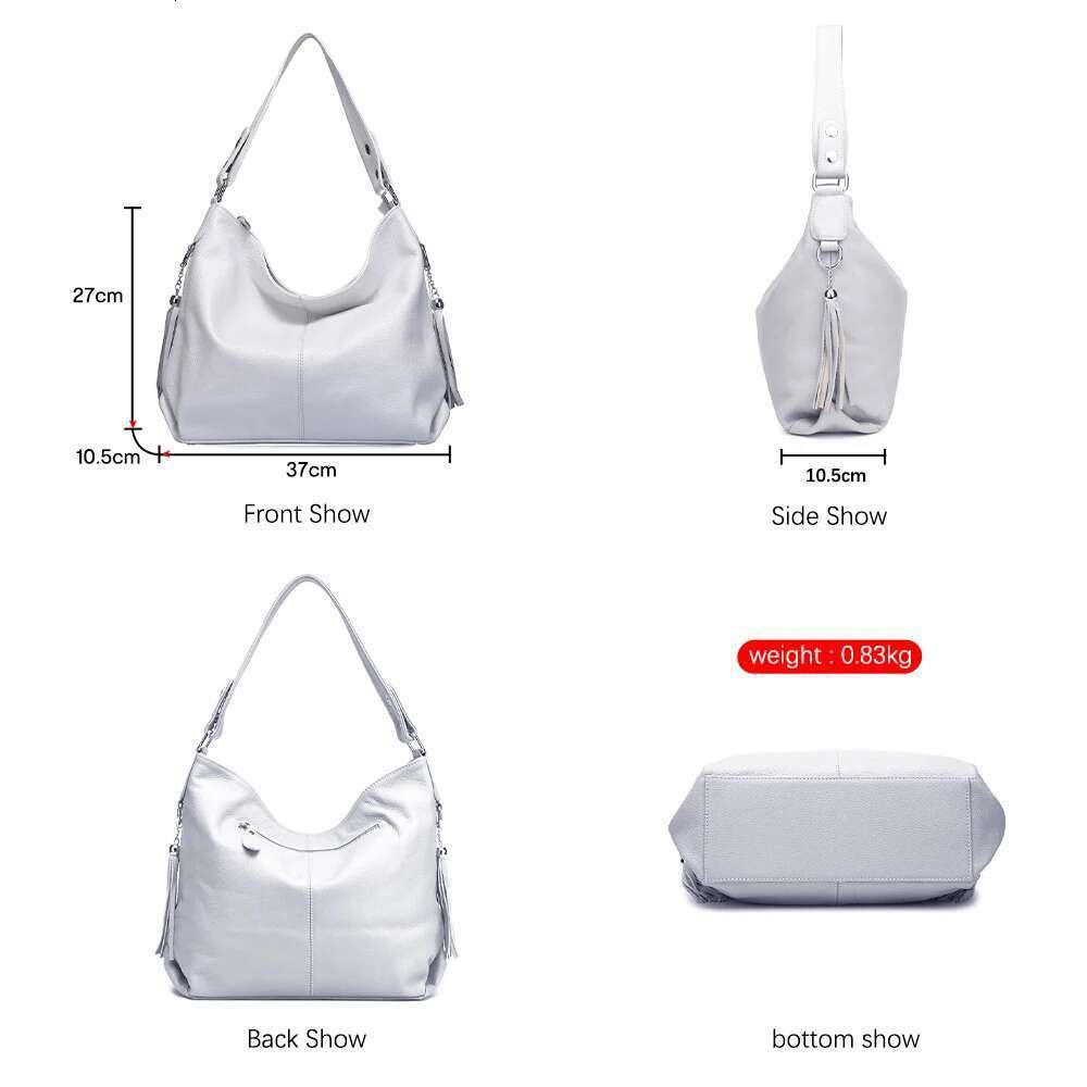 Zency Handbags Genuine For Women Fashion Tassel Hobo Crossbody Plain Color Real Cowhide Leather Large Shopper Bag
