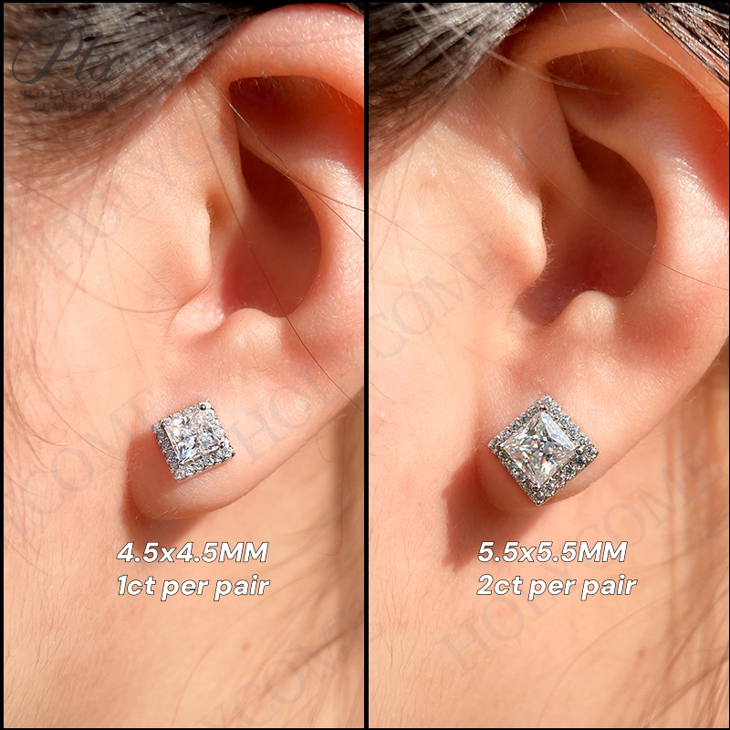 Fashion Moissanite Earrings Luxury S925 Silver D VVS Pass Diamond Tester 1 Carat Princess Cut Halo Studs Women Bridal Jewelry