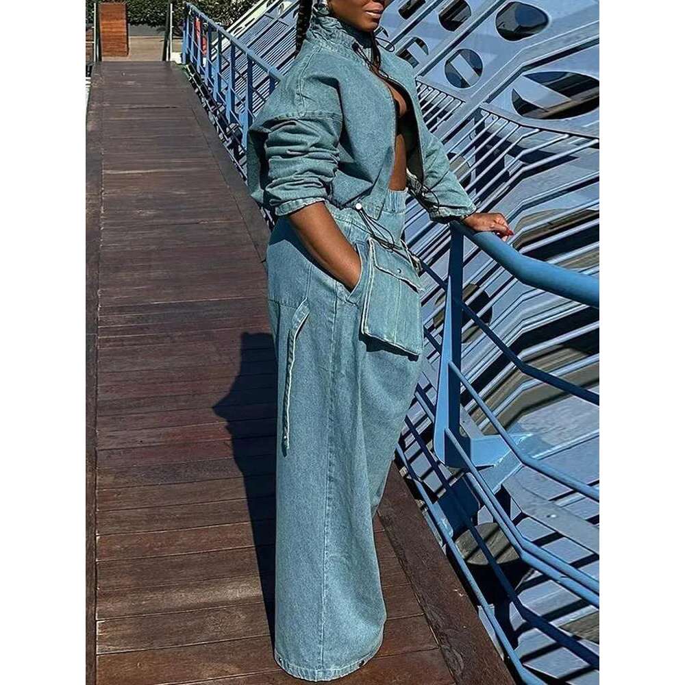 TWOTWINSTYLE Solid Denim Two Piece Sets Lapel Long Sleeve Top High Waist Wide Leg Pant Spliced Pocket Set Female Fashion Clothes