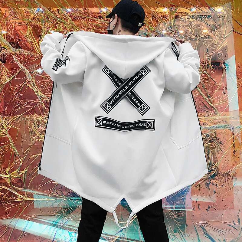 Men Trench Coat fashion Printed Streetwear Hooded Windbreaker Slim Fit Overcoat Outwear