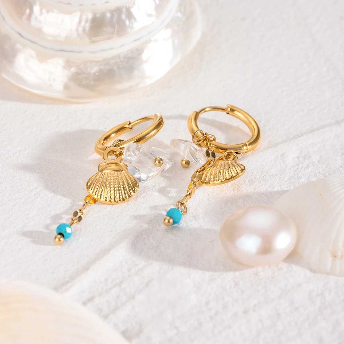 Natural Stone Shell Buckle Hoop Earrings Stainless Steel Metal 18K PVD Gold Plated Women Prevent Allergy Delicate Jewelry Y250510
