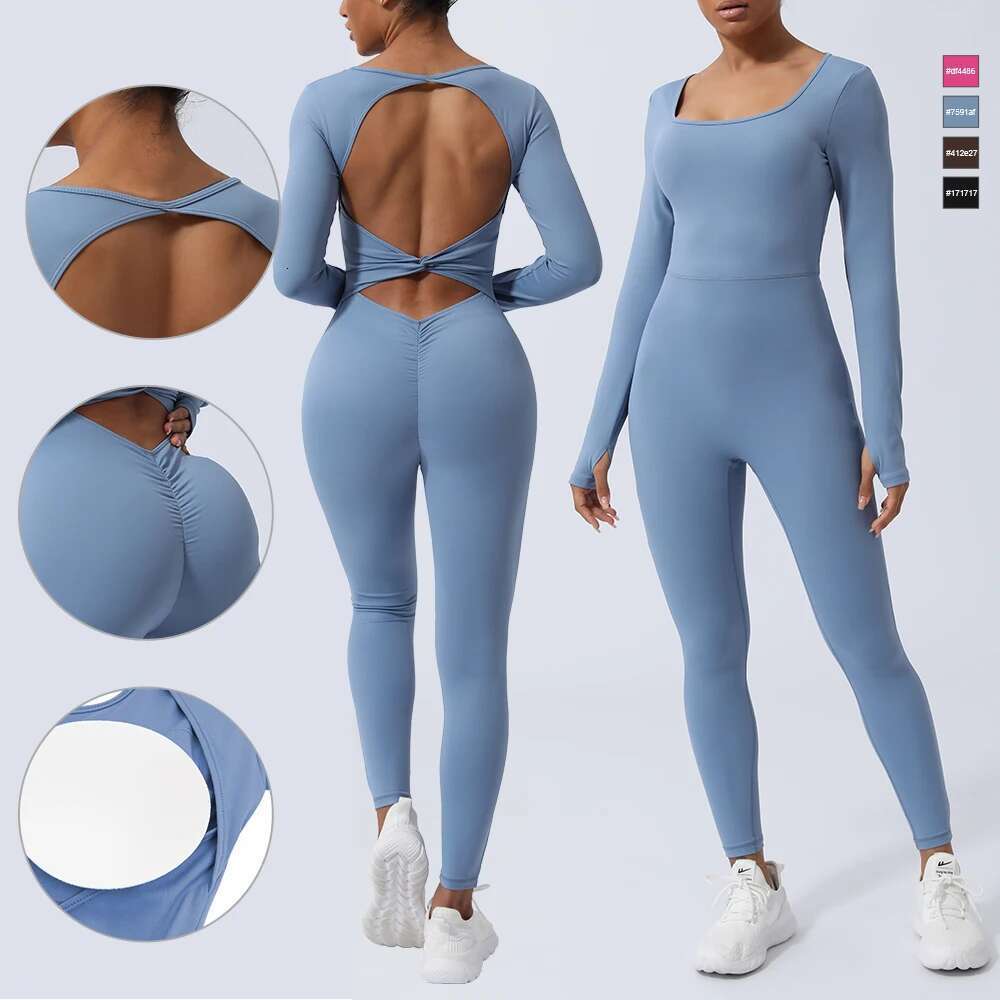 Women Fiess Jumpsuit Backless Long Sleeve Tights Yoga Running Training With Padded Sport Set
