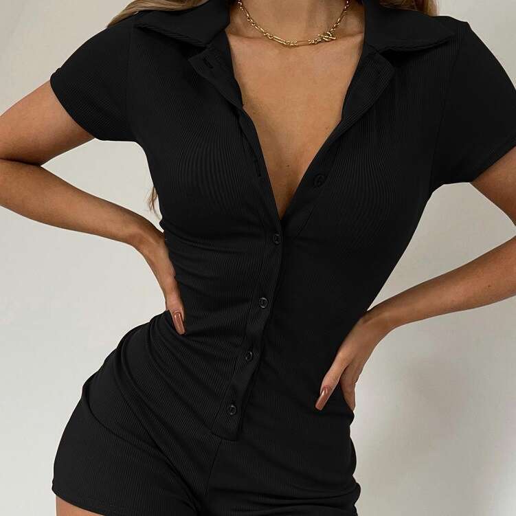 European And American Solid Color Lapel Breasted Ribbed Tight Casual Jumpsuit Basic Shorts B5