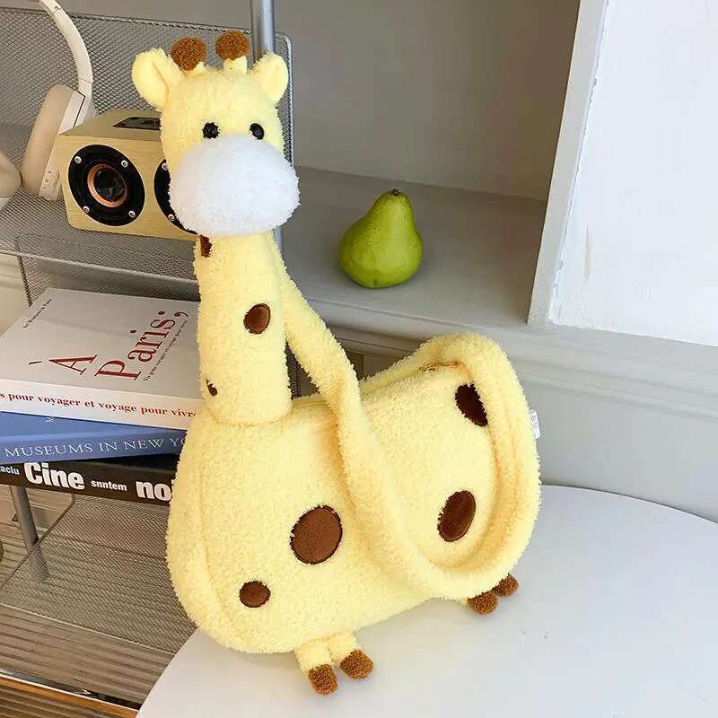 Cartoon Giraffe Crossbody Girl Portable Pouch With Zipper Cutegiraffe Shape Animal Plush Shoulder Bag