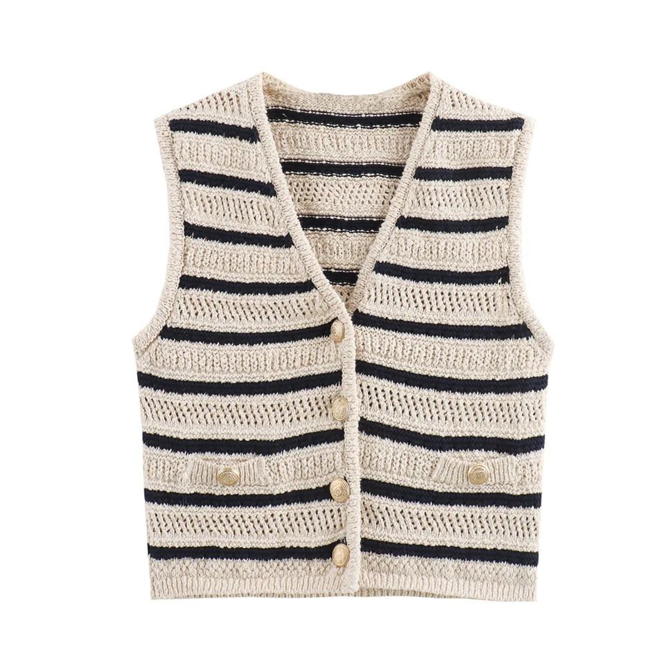 PB ZA2024 Autumn Womens Fashion Warm and Slim Fit Casual Vneck Striped Splicing Tank Top 250506