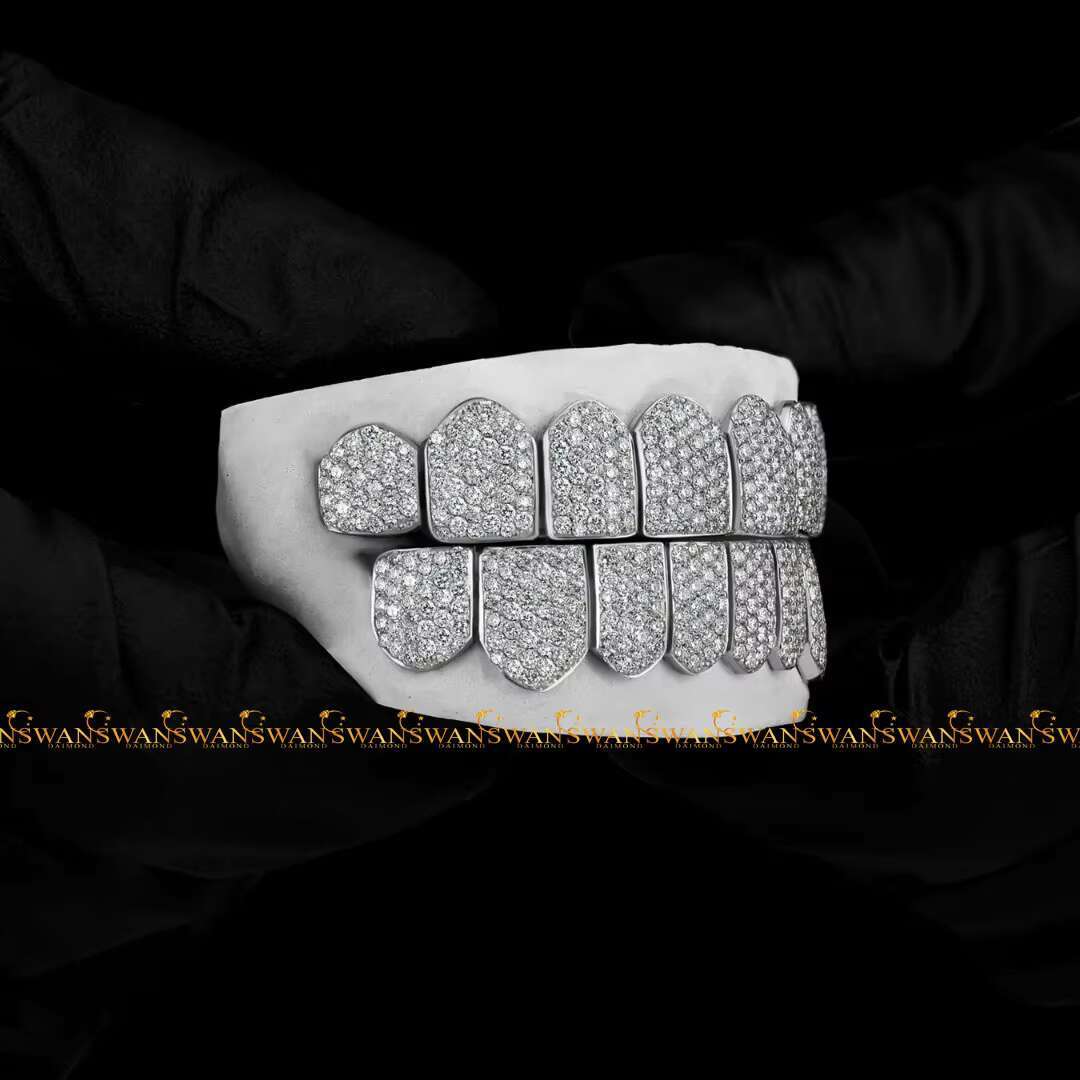 Trending Hp Hop Teeth Grillz Made by 925S Silver and Crafted From Moissanite Round Brilliant Cut VVs Clarity Diamonds for Men