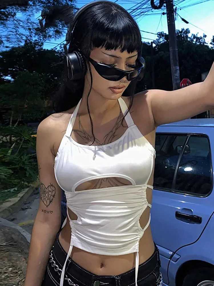 Y2K Sexy Backless Summer Crop Top Women Hollow Out White Sleeveless Bandage Halter Tank Tops Streetwear Cami 90s M250513