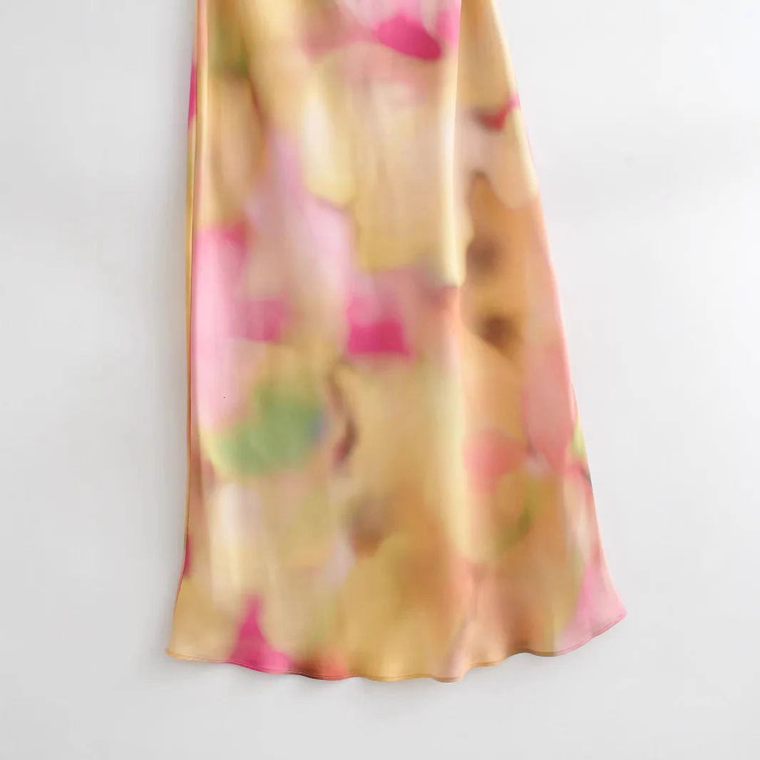 ZBZA Womens Satin Texture Printed Dress Swing Collar Backless Aline Midi Skirt Spring and Summer Casual Chic Long 250513