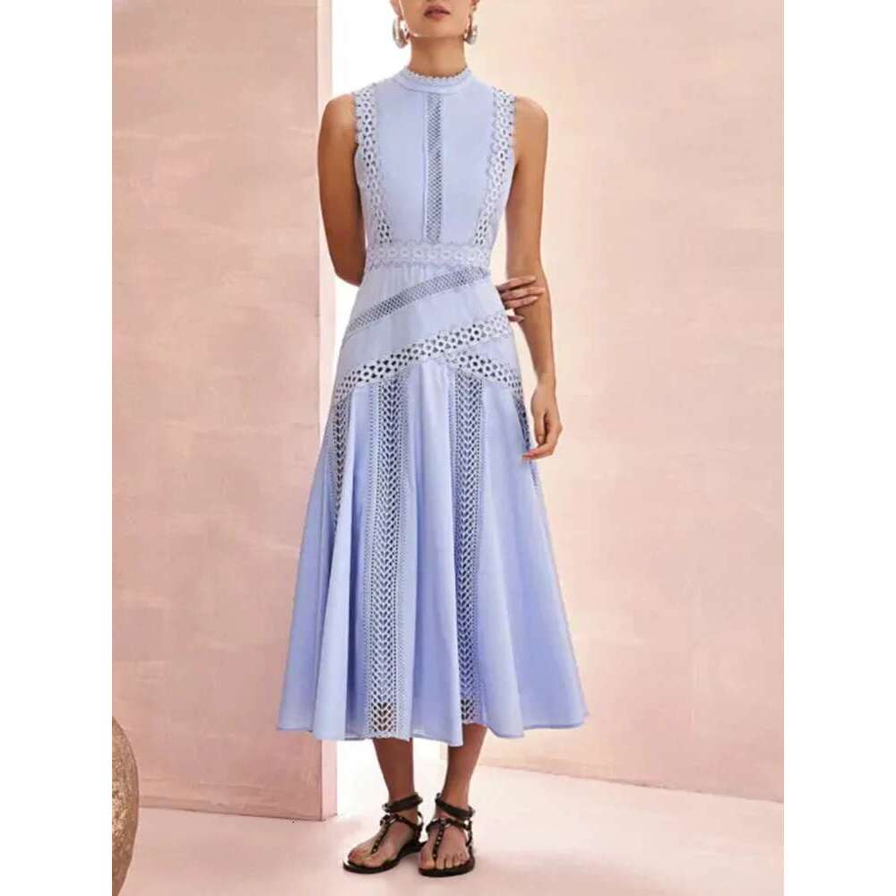 VGH Solid Embroidery Elegant Long Dresses For Women Stand Collar Sleeveless High Waist Hollow Out A Line Dress Female New