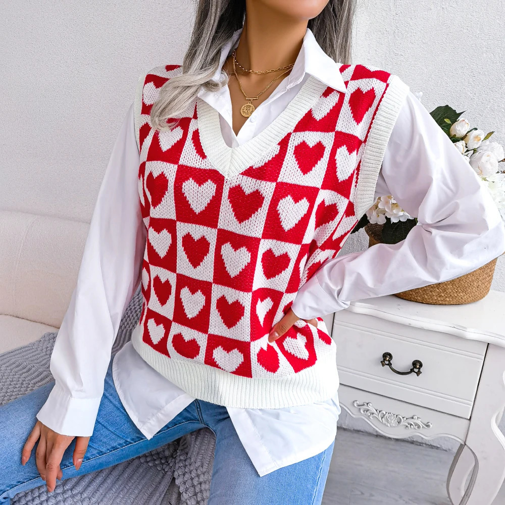 2023 Autumn Winter Sweater Vest For Women Preppy Style Heart Sleeveless Knitted Pullovers 250506