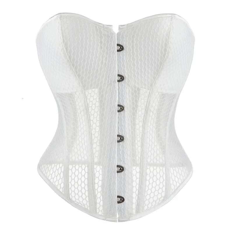 Women Lace Up Sexy Transparent Mesh Boned Corset Overbust Bustier Lingerie Bodyshaper Corsets Top