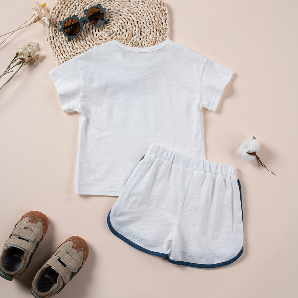 New summer kids clothing chest print cotton short sleeve suit, casual baby clothes, daily wear and outdoor playtime wear BBG052