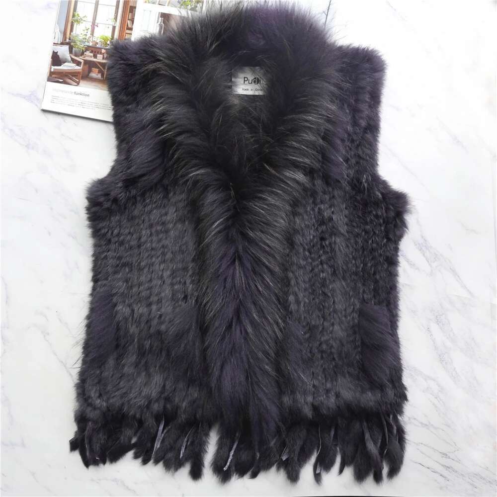 Women Genuine Real Rabbit Vest Coat Tassels Raccoon Fur Collar Jacket Waistcoat Wholesale Drop Shipping