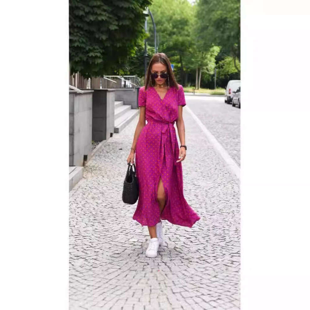 Women Clothes Dress Printed Dress Summer V Neck Split Mid Length Group Women S Clothing KQ