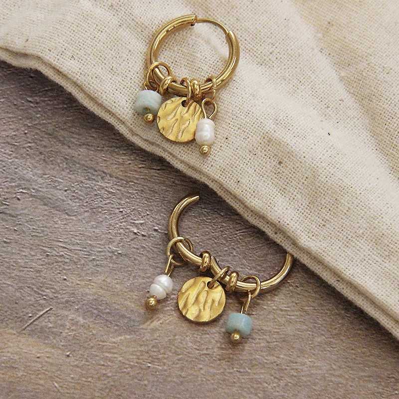 Strange Stainless Steel Round Hoop Earrings for Women Natural Stone Pearl Charms 18k Gold Plated Jewelry Y250510