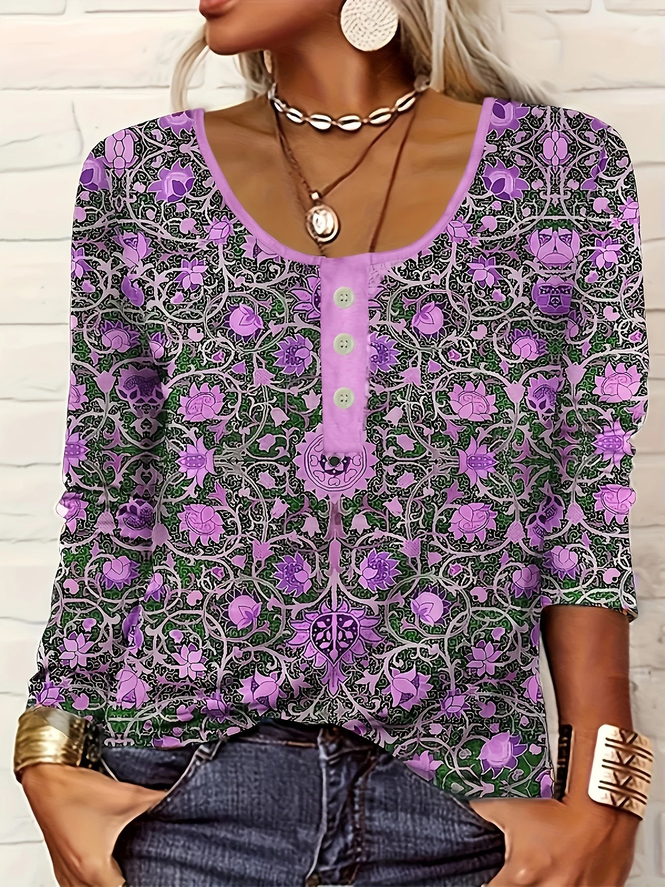 Elegant Ethnic Print ButtonDetail Long Sleeve Womens TShirt | Standard Sizing Boho Chic Fashion Top 250513