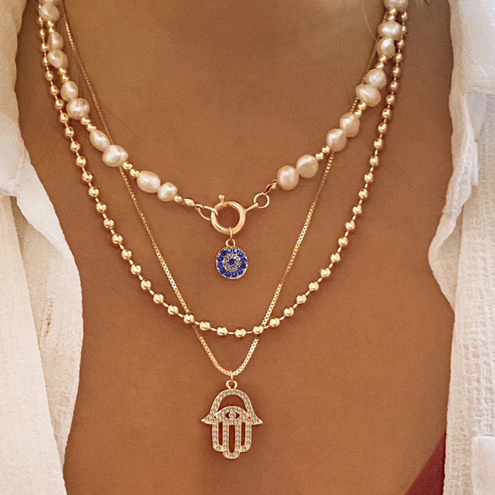 Trendy Layered Metal Necklace with Faux Eye Charm, Gold Pearl Choker for Women, Wholesale Fashion Jewelry