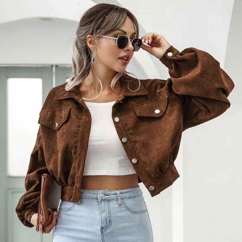 Autumn Cropped Corduroy Jackets Overcoat Single Breasted Lantern Sleeve Coats Fashion Vintage Winter Women Jacket 18047
