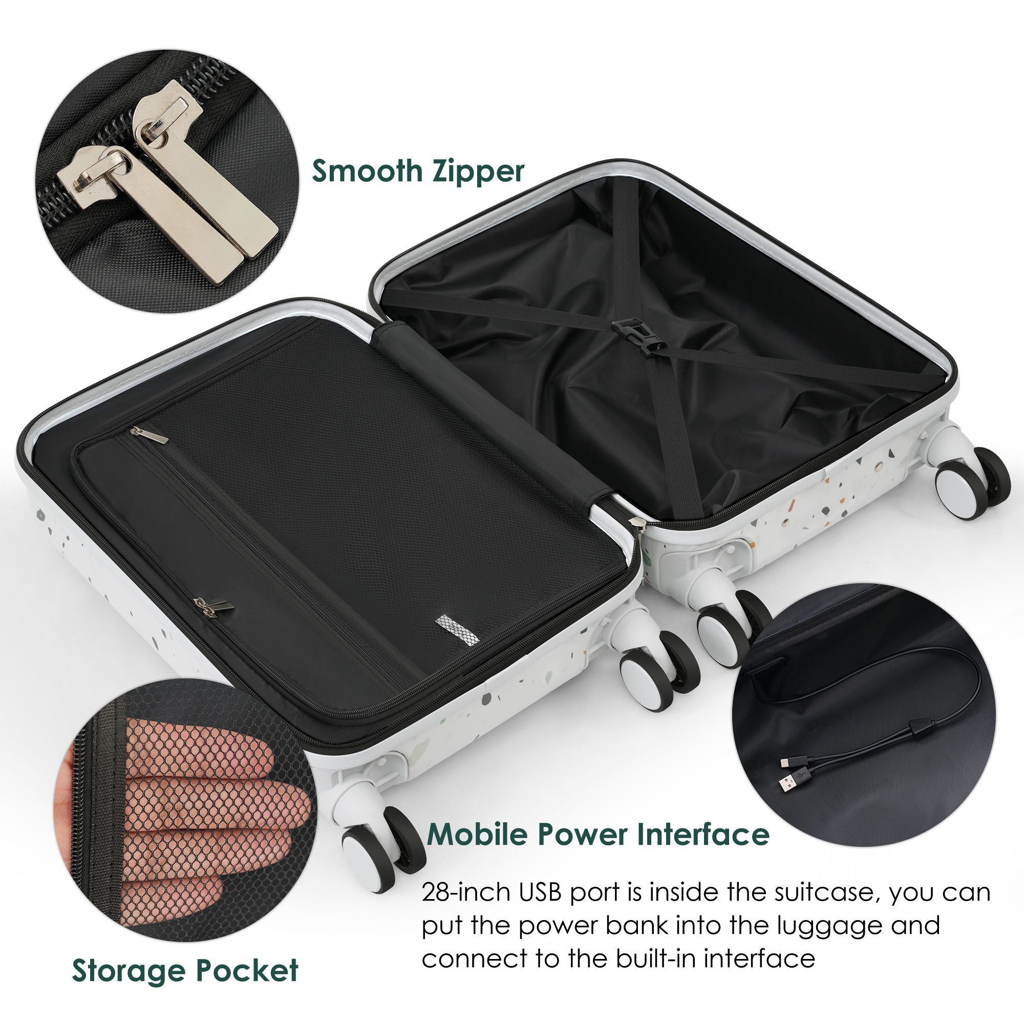 two piece set travel luggage featuring front opening design usba charging ports and drink holders 20 inches suitable for individuals and school trips 
