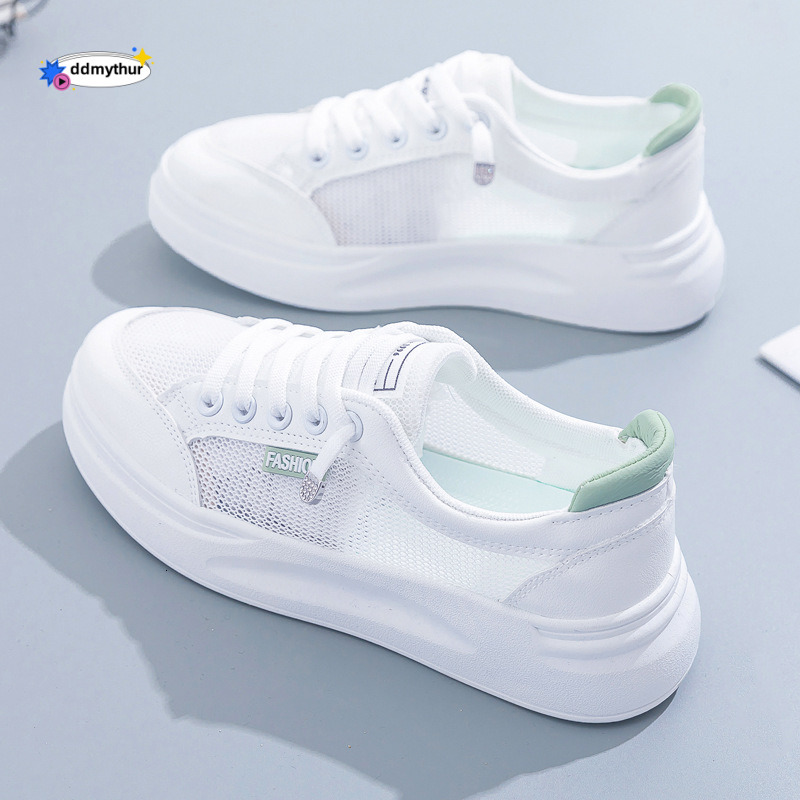 White for women's spring and summer 2025 new style breathable mesh versatile thin casual thick soled board shoes ddmythur